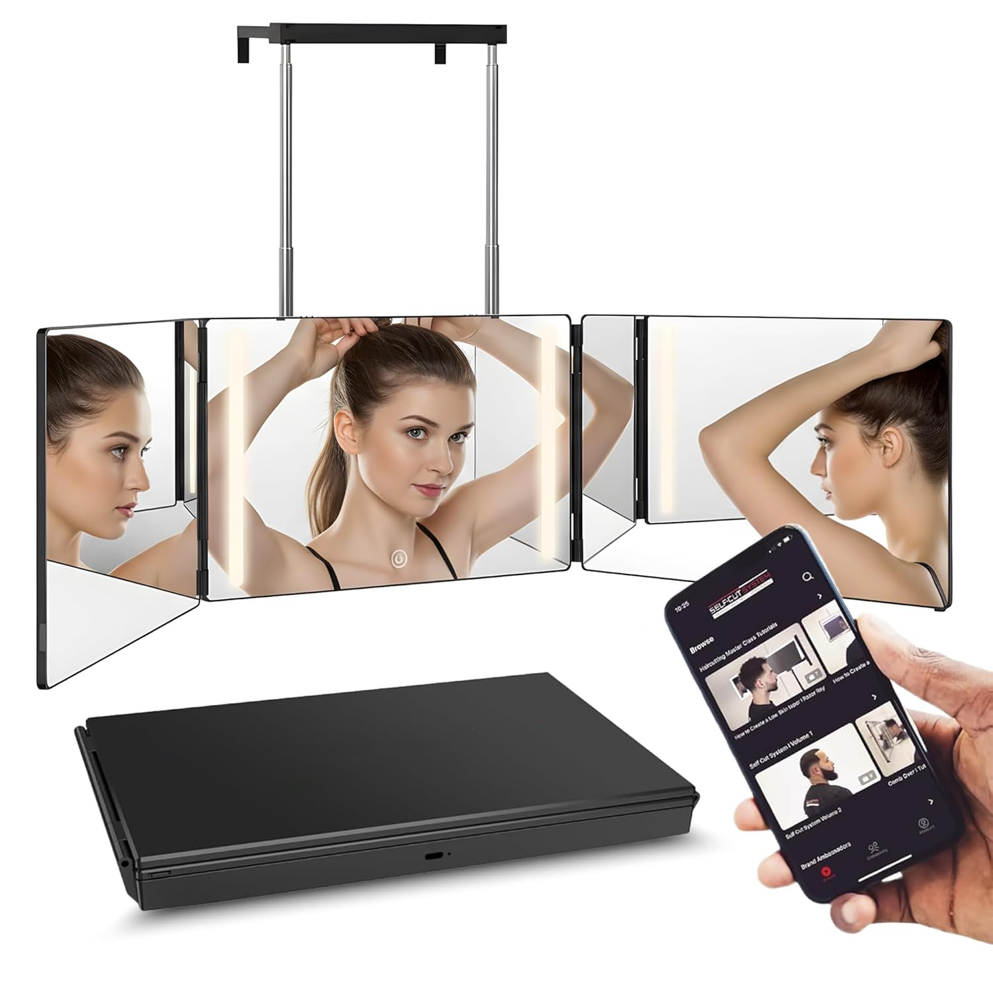Adjustable LED Light 3 Way Mirror, Portable Trifold Mirror for Shaving, Grooming, Hair Styling, Dye Hair, Makeup, Braiding, 360 Degree Mirror