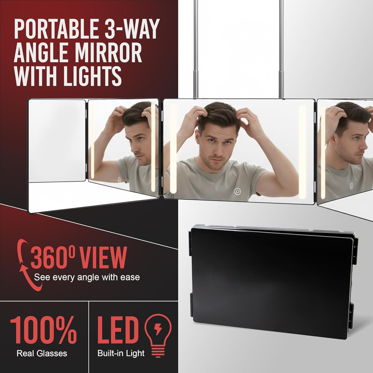 Adjustable LED Light 3 Way Mirror, Portable Trifold Mirror for Shaving, Grooming, Hair Styling, Dye Hair, Makeup, Braiding, 360 Degree Mirror