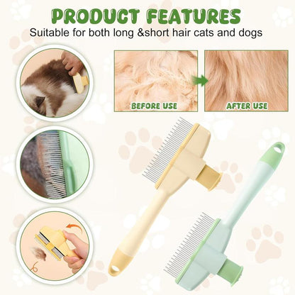 🐾🧤flysmus® Pet Hair Removal Comb & Flea Comb with Release Button for Cats & Dogs - Grooming Brush for Short/Long Hair