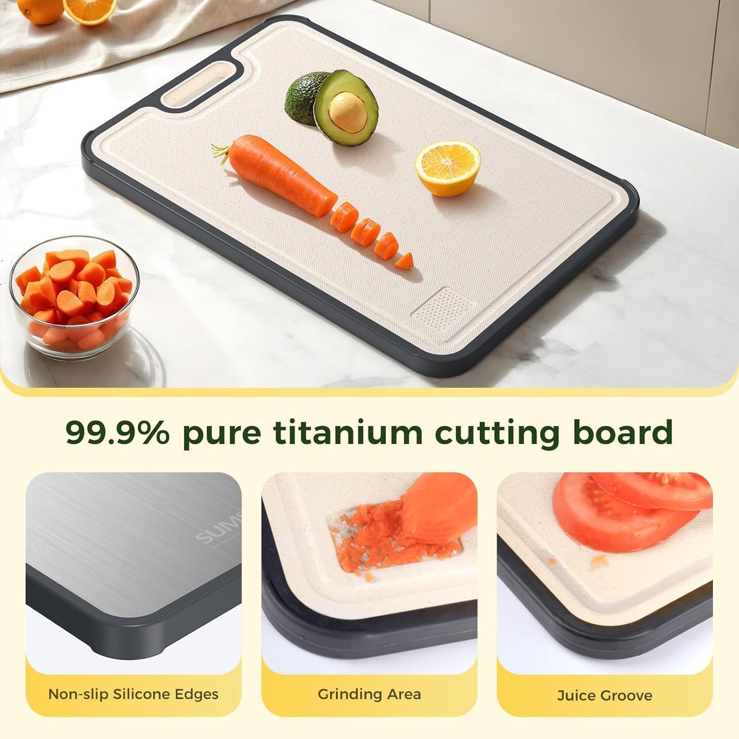 Dual-Side Anti-Mold Titanium Alloy Cutting Board: Raw/Cooked Separation + Juice Groove + Garlic Grinding Zone, All-in-One Kitchen Solution