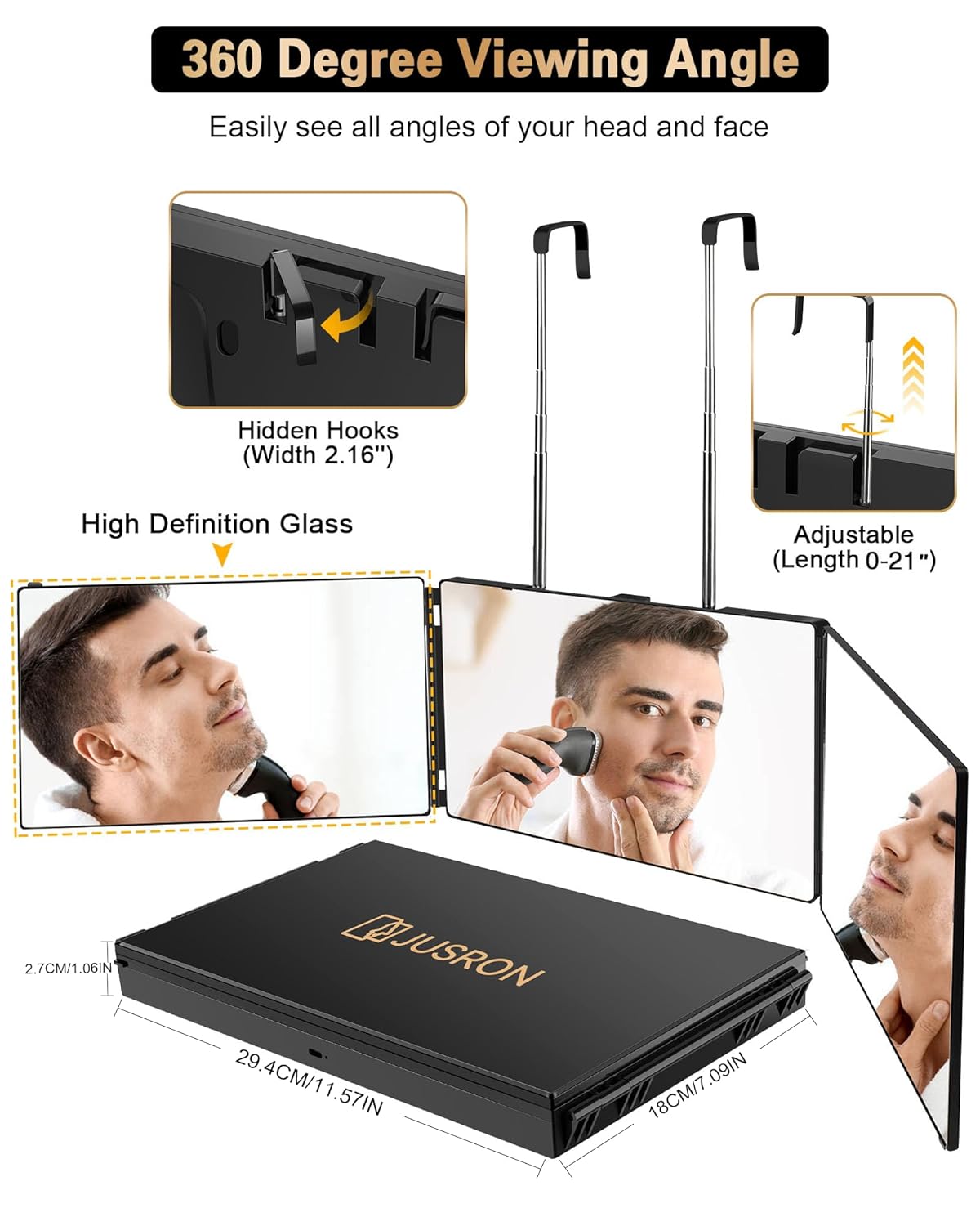 Adjustable LED Light 3 Way Mirror, Portable Trifold Mirror for Shaving, Grooming, Hair Styling, Dye Hair, Makeup, Braiding, 360 Degree Mirror