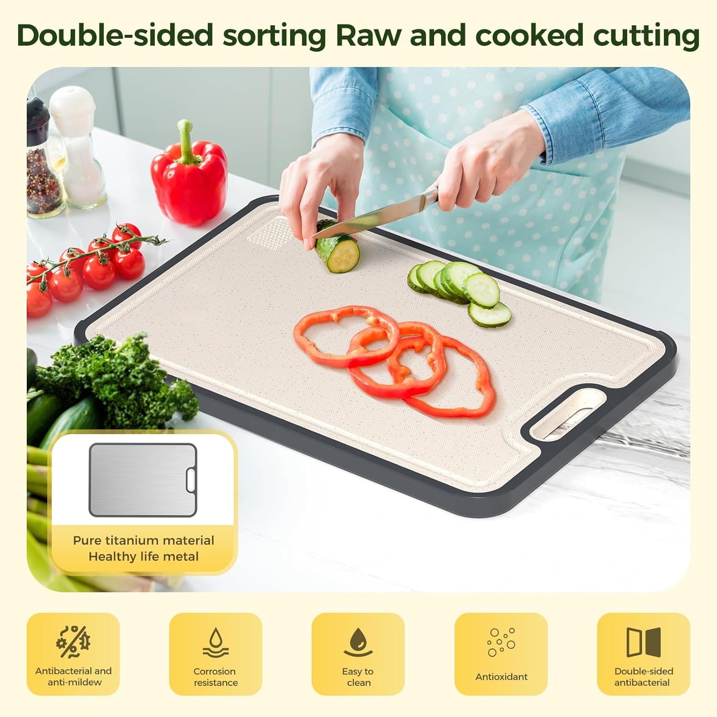 Dual-Side Anti-Mold Titanium Alloy Cutting Board: Raw/Cooked Separation + Juice Groove + Garlic Grinding Zone, All-in-One Kitchen Solution