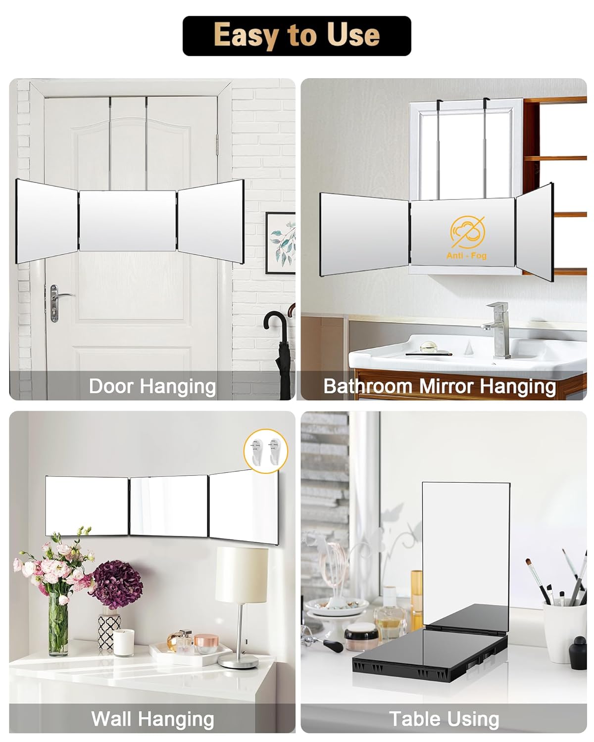 Adjustable LED Light 3 Way Mirror, Portable Trifold Mirror for Shaving, Grooming, Hair Styling, Dye Hair, Makeup, Braiding, 360 Degree Mirror