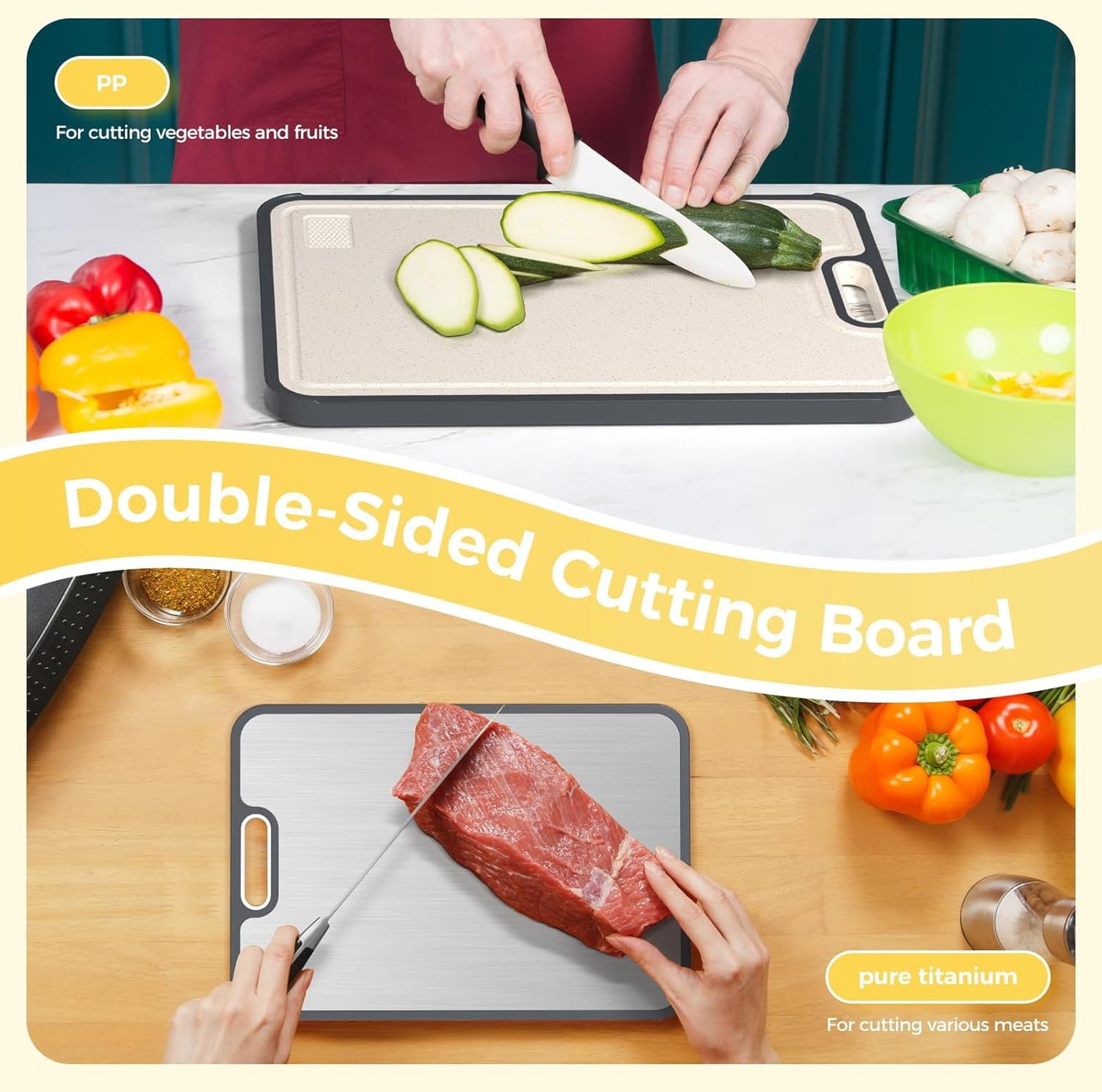 Dual-Side Anti-Mold Titanium Alloy Cutting Board: Raw/Cooked Separation + Juice Groove + Garlic Grinding Zone, All-in-One Kitchen Solution