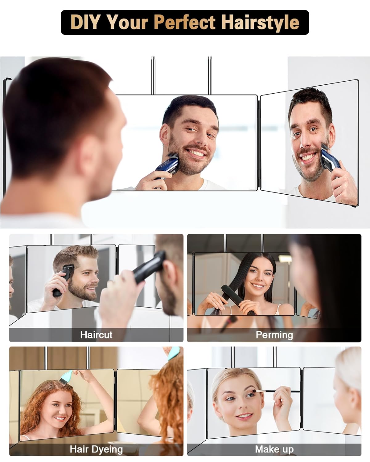 Adjustable LED Light 3 Way Mirror, Portable Trifold Mirror for Shaving, Grooming, Hair Styling, Dye Hair, Makeup, Braiding, 360 Degree Mirror