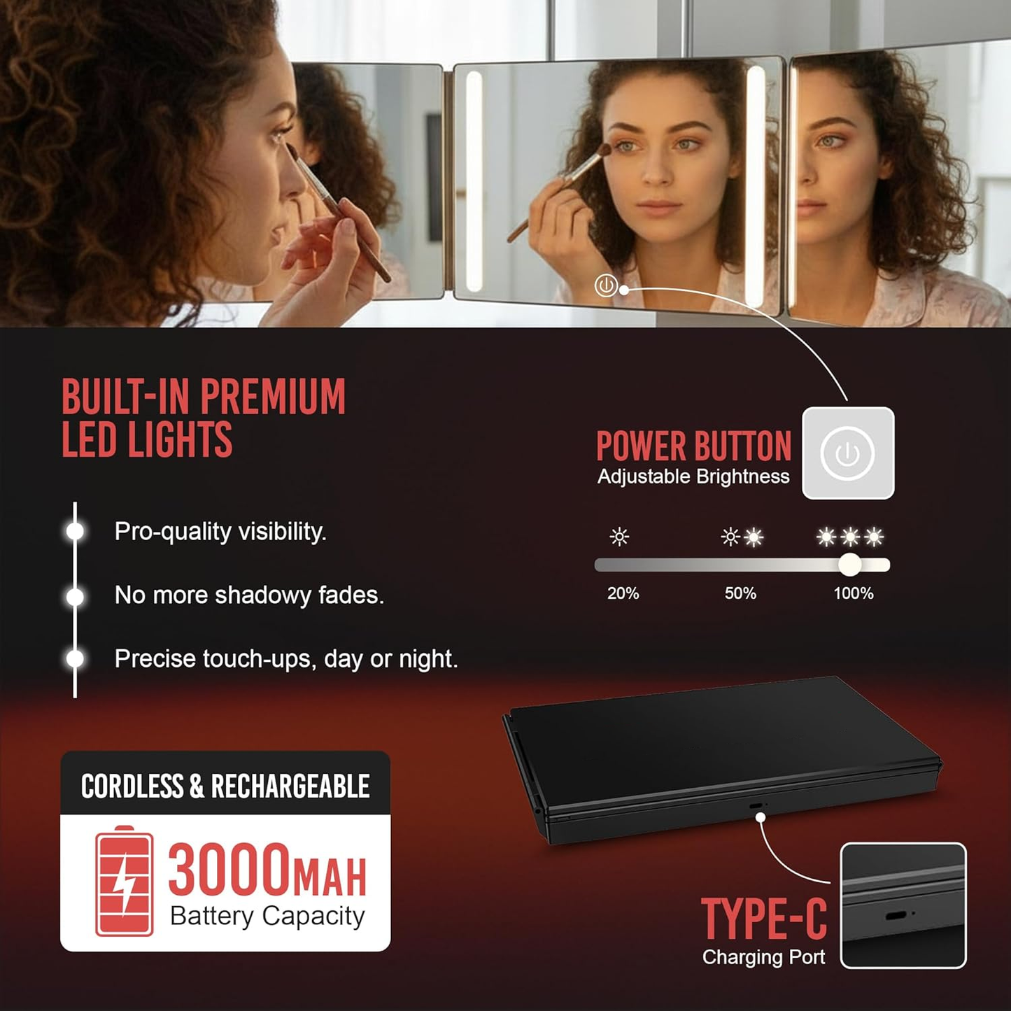Adjustable LED Light 3 Way Mirror, Portable Trifold Mirror for Shaving, Grooming, Hair Styling, Dye Hair, Makeup, Braiding, 360 Degree Mirror