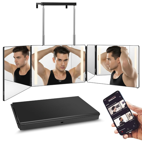 Adjustable LED Light 3 Way Mirror, Portable Trifold Mirror for Shaving, Grooming, Hair Styling, Dye Hair, Makeup, Braiding, 360 Degree Mirror